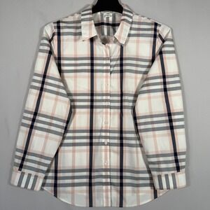 Coldwater Creek Size 16 Women's Plaid Button Up Shirt White Pink 100% Cotton